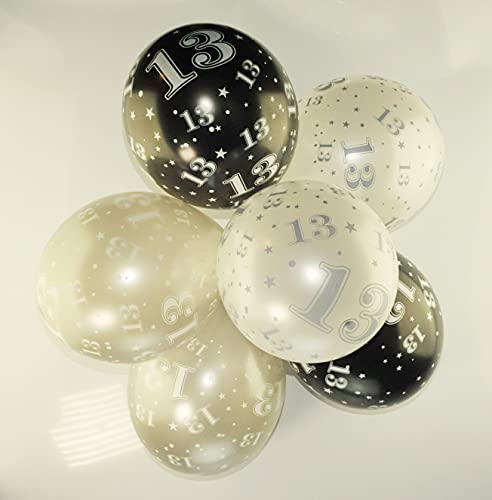 Happium Latex-Luftballons mit Zahl 13, 30,5 cm, metallisch, Schwarz, Silber, Weiß, 10 Stück von Happium