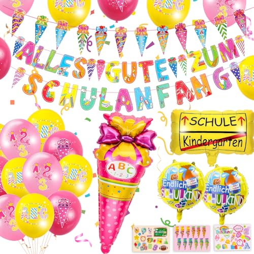 Einschulung Deko Mädchen, Schulkind 2025 Schuleinführung Schulanfang Deko Set mit ALLES GUTE ZUM SCHULANFANG Girlande + Schultüte Zuckertüte Banner + SCHULKIND Folienballon, 18 Luftballon, 3 Aufkleber von Happivue