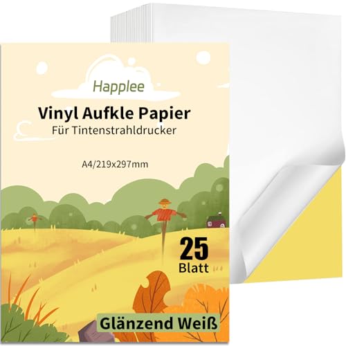 Sticker Papier zum Bedrucken 25 Blatt Bedruckbare Selbst Drucken Klebepapier A4 Vinyl-Aufkleberpapier Glänzend Druckerpapier für Büromaterial Laser und Tintenstrahldrucker (Glänzend-25) von Happlee