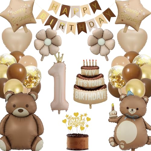 1. Geburtstag Junge Deko Party, Luftballon Geburtstag 1 Jahr Braun Gold, Kindergeburtstag Deko Bär Gänseblümchen Herz Kuchen Folienballon, Happy Birthday Banner Tortendeko (Geburtstagsdeko 1 Jahr) von HapplioPlay
