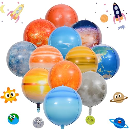 12 Stück Weltraum Kindergeburtstag Luftballons, 4D Planeten Luftballons, 22 Zoll Folienballons Weltraum Party, Weltraum Sonne Venus Erde Mond Mars Jupiter Saturn Uranus Neptun (Sonnensystem Ballons) von HapplioPlay