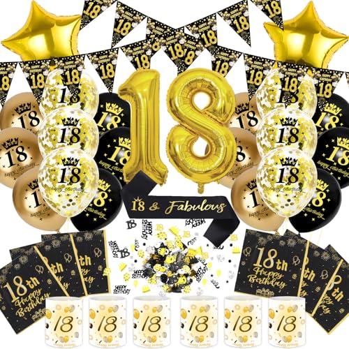 18 Geburtstag Deko Jungen Mädchen, 18th Happy Birthday Luftballon Schwarz Gold Banner Konfetti Schärpe Laternen Servietten Windlicht Tischdeko, Cadeau 18 Mädchen Jungen (Set 18. Geburtstag Deko) von HapplioPlay