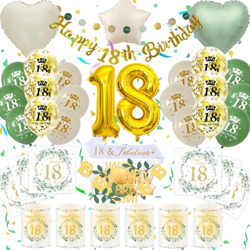 18 Geburtstag Deko Jungen Mädchen, Eukalyptu 18th Happy Birthday Decoration Luftballon Grüne Gold Banner Konfetti Schärpe Servietten Windlicht Tischdeko, Cadeau 18 Mädchen Jungen (Set 18. Geburtstag) 18 Geburtstag Deko Jungen Mädchen, Eukalyptu 18th Happy Birthday Decoration Luftballon Grüne Gold Banner Konfetti Schärpe Servietten Windlicht Tischdeko, Cadeau 18 Mädchen Jungen (Set 18. Geburtstag) von HapplioPlay