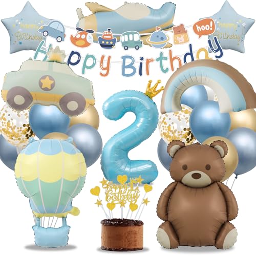 2. Geburtstag Junge Bär Deko Party, Luftballon Geburtstag 2 Jahr Blau Gold, Kindergeburtstag Deko Bär Auto Regenbogen Flugzeug, Happy Birthday Banner und Tortendeko (Geburtstagsdeko 2 Jahr Junge Set) von HapplioPlay