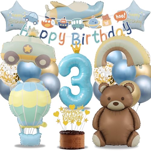3. Geburtstag Junge Bär Deko Party, Luftballon Geburtstag 3 Jahr Blau Gold, Kindergeburtstag Deko Bär Auto Regenbogen Flugzeug, Happy Birthday Banner und Tortendeko (Geburtstagsdeko 3 Jahr Junge Set) von HapplioPlay