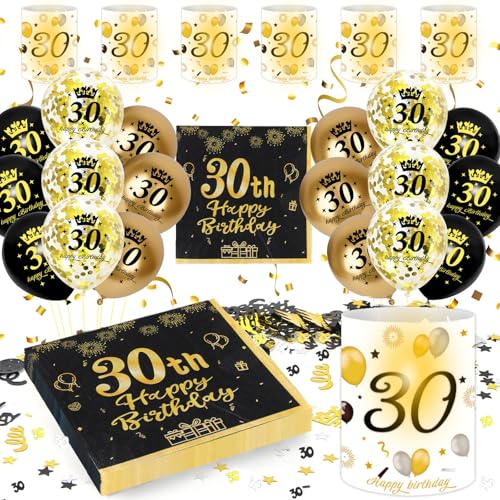 30 Geburtstag Deko Männer Frauen, 30th Happy Birthday Decorations Servietten+Windlicht Tischdeko+Konfetti+Luftballon Schwarz Gold, Deko 30. Geburtstag Frau Mann (30th Birthday Decoration Tischdeko) von HapplioPlay