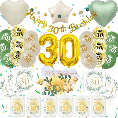 30 Geburtstag Deko Männer Frauen, Eukalyptus 30th Happy Birthday Decoration Luftballon Grüne Gold Banner Konfetti Schärpe Servietten Windlicht Tischdeko, Cadeau 30 Frau Mann (Set 30. Geburtstag Deko) 30 Geburtstag Deko Männer Frauen, Eukalyptus 30th Happy Birthday Decoration Luftballon Grüne Gold Banner Konfetti Schärpe Servietten Windlicht Tischdeko, Cadeau 30 Frau Mann (Set 30. Geburtstag Deko) von HapplioPlay