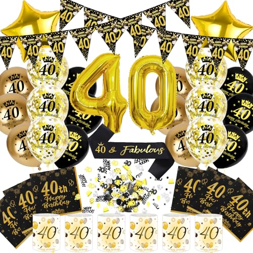 40 Geburtstag Deko Männer Frauen, 40th Happy Birthday Decoration Luftballon Schwarz Gold Banner Konfetti Schärpe Laternen Servietten Windlicht Tischdeko, Cadeau 40 Frau Mann (Set 40. Geburtstag Deko) 40 Geburtstag Deko Männer Frauen, 40th Happy Birthday Decoration Luftballon Schwarz Gold Banner Konfetti Schärpe Laternen Servietten Windlicht Tischdeko, Cadeau 40 Frau Mann (Set 40. Geburtstag Deko) von HapplioPlay