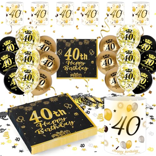 40 Geburtstag Deko Männer Frauen, 40th Happy Birthday Decorations Servietten+Windlicht Tischdeko+Konfetti+Luftballon Schwarz Gold, Deko 40. Geburtstag Frau Mann (40th Birthday Decoration Tischdeko) von HapplioPlay