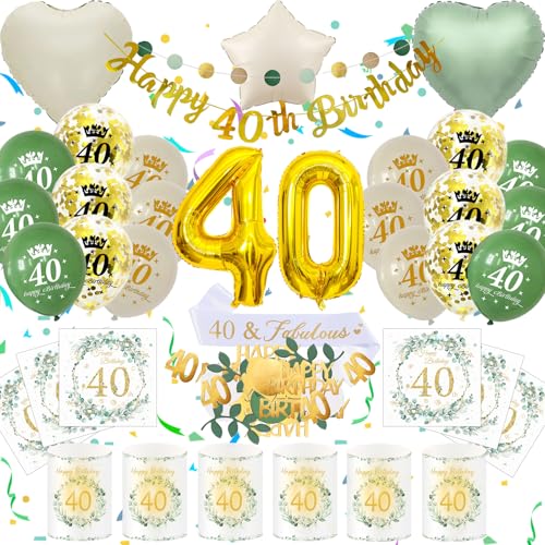 40 Geburtstag Deko Männer Frauen, Eukalyptus 40th Happy Birthday Decoration Luftballon Grüne Gold Banner Konfetti Schärpe Servietten Windlicht Tischdeko, Cadeau 40 Frau Mann (Set 40. Geburtstag Deko) 40 Geburtstag Deko Männer Frauen, Eukalyptus 40th Happy Birthday Decoration Luftballon Grüne Gold Banner Konfetti Schärpe Servietten Windlicht Tischdeko, Cadeau 40 Frau Mann (Set 40. Geburtstag Deko) von HapplioPlay