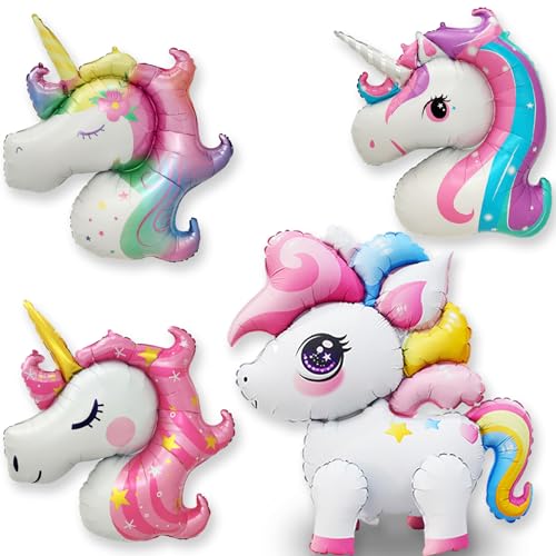 4D Einhor Luftballons Stehend und 3 XXL Folienballon, Luftballons Helium für Mädchen Kindergeburtstag, Folienballon Deko Mädchen Geburtstagsdeko Party Geschenke (Set Einhor Ballon) von HapplioPlay