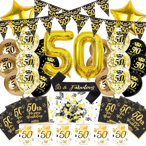 50 Geburtstag Deko Männer Frauen, 50th Happy Birthday Decoration Luftballon Schwarz Gold Banner Konfetti Schärpe Laternen Servietten Windlicht Tischdeko, Cadeau 50 Frau Mann (Set 50. Geburtstag Deko) 50 Geburtstag Deko Männer Frauen, 50th Happy Birthday Decoration Luftballon Schwarz Gold Banner Konfetti Schärpe Laternen Servietten Windlicht Tischdeko, Cadeau 50 Frau Mann (Set 50. Geburtstag Deko) von HapplioPlay