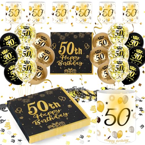 50 Geburtstag Deko Männer Frauen, 50th Happy Birthday Decorations Servietten+Windlicht Tischdeko+Konfetti+Luftballon Schwarz Gold, Deko 50. Geburtstag Frau Mann (50th Birthday Decoration Tischdeko) von HapplioPlay