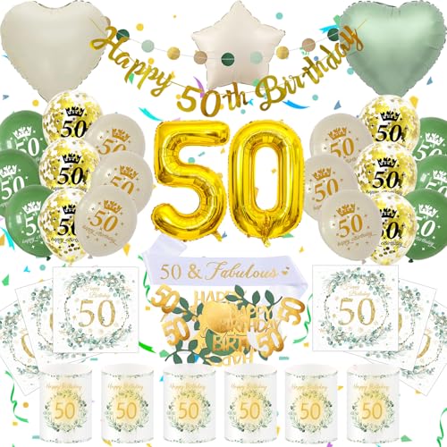 50 Geburtstag Deko Männer Frauen, Eukalyptus 50th Happy Birthday Decoration Luftballon Grüne Gold Banner Konfetti Schärpe Servietten Windlicht Tischdeko, Cadeau 50 Frau Mann (Set 50. Geburtstag Deko) 50 Geburtstag Deko Männer Frauen, Eukalyptus 50th Happy Birthday Decoration Luftballon Grüne Gold Banner Konfetti Schärpe Servietten Windlicht Tischdeko, Cadeau 50 Frau Mann (Set 50. Geburtstag Deko) von HapplioPlay