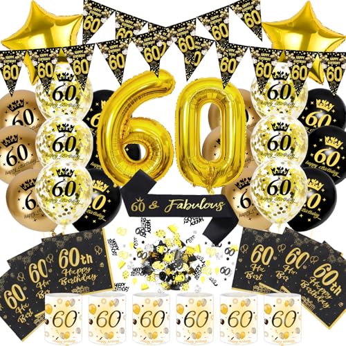 60 Geburtstag Deko Männer Frauen, 60th Happy Birthday Decoration Luftballon Schwarz Gold Banner Konfetti Schärpe Laternen Servietten Windlicht Tischdeko, Cadeau 60 Frau Mann (Set 60. Geburtstag Deko) 60 Geburtstag Deko Männer Frauen, 60th Happy Birthday Decoration Luftballon Schwarz Gold Banner Konfetti Schärpe Laternen Servietten Windlicht Tischdeko, Cadeau 60 Frau Mann (Set 60. Geburtstag Deko) von HapplioPlay
