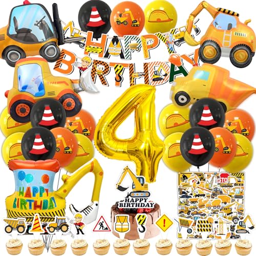 Bagger Deko Kindergeburtstag 4, Baustelle Geburtstag Deko, Set Party Geburtstagsdeko 4 Jahre, Neue Baustelle Ballon Kindergeburtstag Banner Tortendeko Aufkleber (Bagger Geburtstag Deko 4 Jahre) von HapplioPlay
