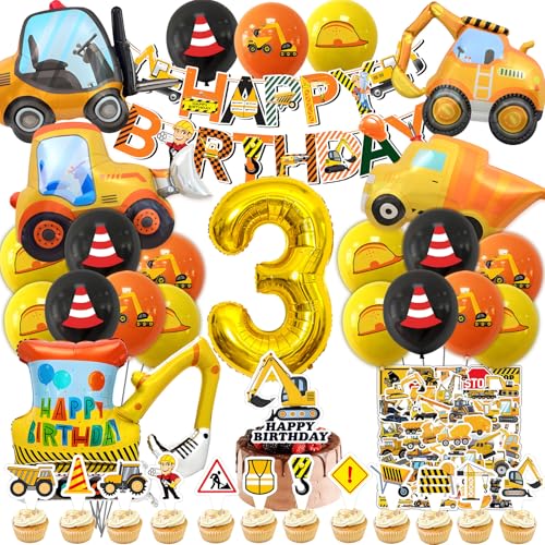 Bagger Geburtstag Deko 3 Jahre, Groß Baustelle Luftballons, Neue Cartoon Ballon Kindergeburtstag Tortendeko Aufkleber, Baustelle Geburtstag deko Junge (Bagger Kinder 3 Jahre) von HapplioPlay