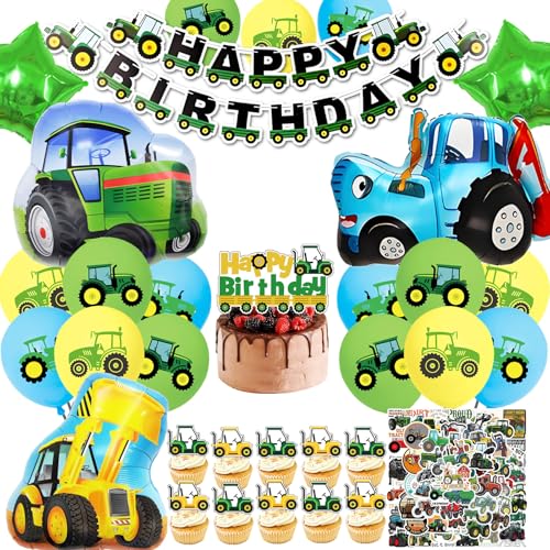 Bauernhof Traktor Deko Geburtstag, Set Party Deko Geburtstag Junge Bagger Bulldozer Luftballon, Bauernhof Kindergeburtstag Banner Folienballon Tortendeko und Aufkleber (Farm Traktor Geburtstagsdeko) von HapplioPlay