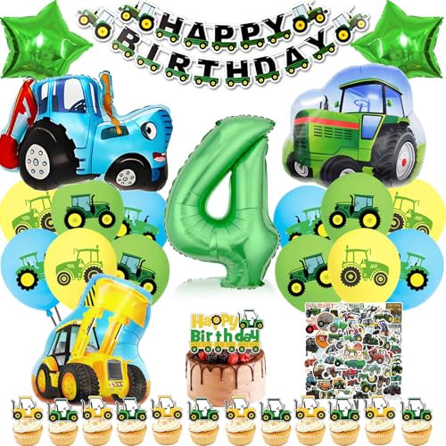 Bauernhof Traktor Deko Geburtstag 4 Jahre, Deko 4. Geburtstag Junge Bagger Bulldozer Luftballon, Bauernhof Kindergeburtstag Banner Folienballon Tortendeko und Aufkleber (Farm Traktor Deko 4 Jahre) von HapplioPlay