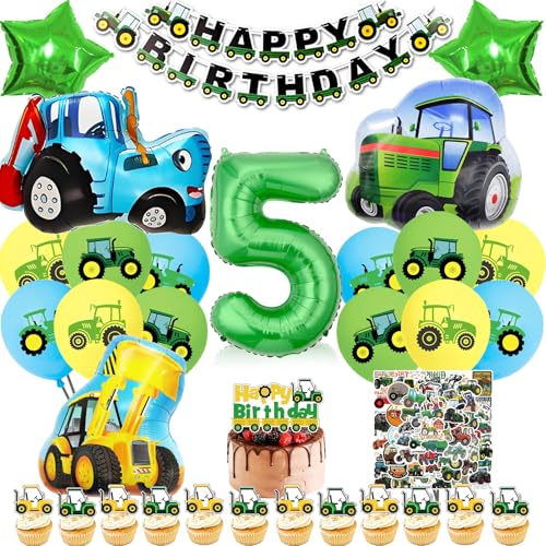 Bauernhof Traktor Deko Geburtstag 5 Jahre, Deko 5. Geburtstag Junge Bagger Bulldozer Luftballon, Bauernhof Kindergeburtstag Banner Folienballon Tortendeko und Aufkleber (Farm Traktor Deko 5 Jahre) von HapplioPlay