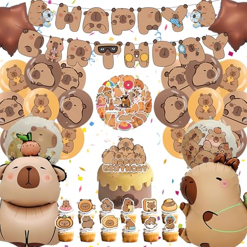 Capybara Geburtstag Deko Junge Mädchen, Set Capibara Sachen Geburtstagsdeko Luftballons Banner Tortendeko und Sticker, Capy Bara Geschenke Party Deko für Kinder (Capybara Geburtstag) von HapplioPlay