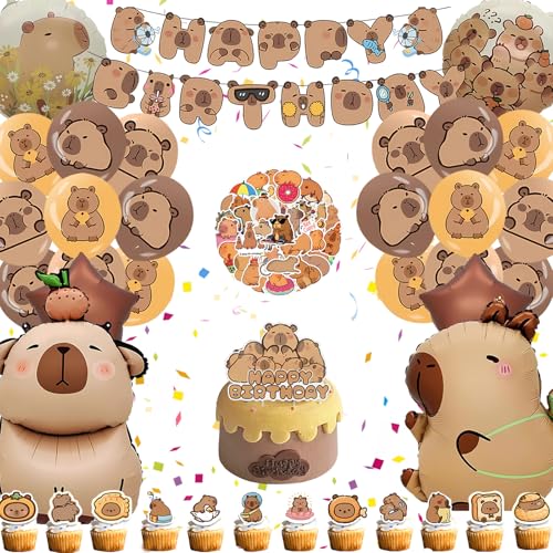 Capybara Geburtstag Deko Junge Mädchen, Set Capibara Sachen Geburtstagsdeko Luftballons Banner Tortendeko und Sticker, Capy Bara Geschenke Party Deko für Kinder (Capybara Geburtstag) von HapplioPlay