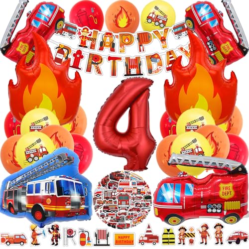 Deko 4. Geburtstag Junge Feuerwehrauto Folienballon, Feuerwehr Deko Kindergeburtstag 4 Jahre, Feuerwehrmann Party Flamme Luftballon Tortendeko Banner und Aufkleber (Feuerwehr Geburtstag Deko 4 Jahre) von HapplioPlay