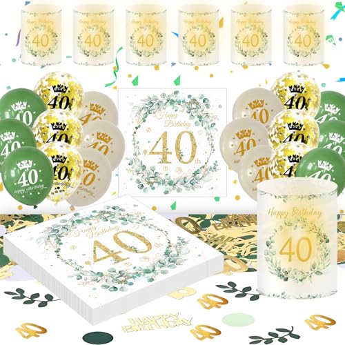 Deko 40. Geburtstag Frau Mann, Eukalyptus 40th Happy Birthday Decorations Servietten+Windlicht Tischdeko+Konfetti+Luftballon Grüne Gold, 40 Geburtstag Deko Männer Frauen (40th Birthday Tischdeko) von HapplioPlay
