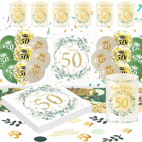 Deko 50. Geburtstag Frau Mann, Eukalyptus 50th Happy Birthday Decorations Servietten+Windlicht Tischdeko+Konfetti+Luftballon Grüne Gold, 50 Geburtstag Deko Männer Frauen (50th Birthday Tischdeko) von HapplioPlay