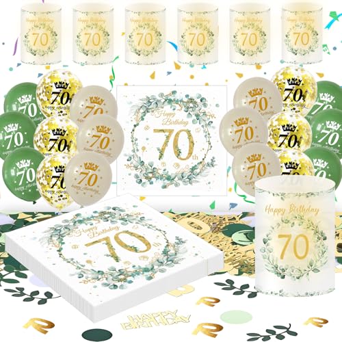 Deko 70. Geburtstag Frau Mann, Eukalyptus 70th Happy Birthday Decorations Servietten+Windlicht Tischdeko+Konfetti+Luftballon Grüne Gold, 70 Geburtstag Deko Männer Frauen (70th Birthday Tischdeko) von HapplioPlay