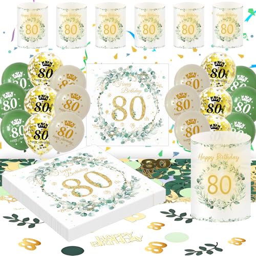 Deko 80. Geburtstag Frau Mann, Eukalyptus 80th Happy Birthday Decorations Servietten+Windlicht Tischdeko+Konfetti+Luftballon Grüne Gold, 80 Geburtstag Deko Männer Frauen (80th Birthday Tischdeko) von HapplioPlay