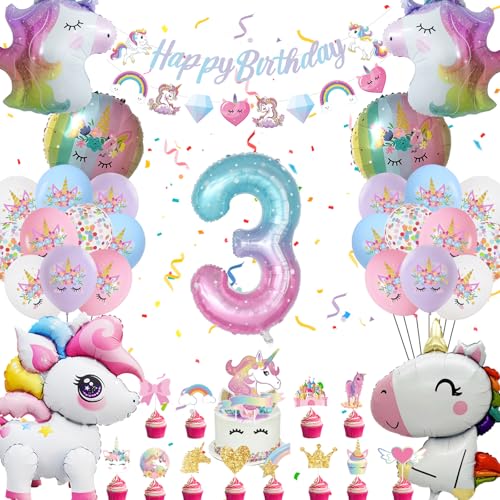 Einhor Geburtstag Deko 3 Jahre, Party Deko 4D Luftballons Stehend, Geburtstagsdeko Mädchen Folienballon Bunt Banner und Tortendeko für Geschenke Mädchen (Set Einhor Deko Kindergeburtstag 3) von HapplioPlay