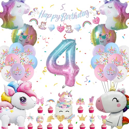 Einhor Geburtstag Deko 4 Jahre, Party Deko 4D Luftballons Stehend, Geburtstagsdeko Mädchen Folienballon Bunt Banner und Tortendeko für Geschenke Mädchen (Set Einhor Deko Kindergeburtstag 4) von HapplioPlay