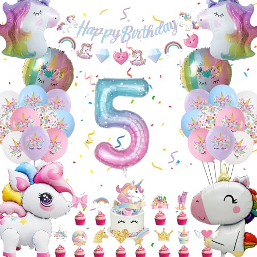 Einhor Geburtstag Deko 5 Jahre, Party Deko 4D Luftballons Stehend, Geburtstagsdeko Mädchen Folienballon Bunt Banner und Tortendeko für Geschenke Mädchen (Set Einhor Deko Kindergeburtstag 5) von HapplioPlay