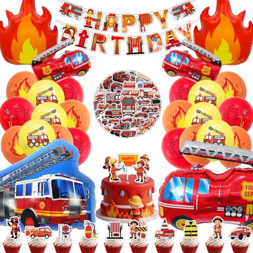 Feuerwehr Deko Kindergeburtstag, Deko Geburtstag Junge Feuerwehrauto Folienballon, Feuerwehrmann Party Geschenke Kinder Flamme Luftballon Tortendeko Banner und Aufkleber (Feuerwehr Geburtstag Deko) von HapplioPlay