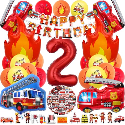 Feuerwehr Deko Kindergeburtstag 2 Jahre, Deko 2. Geburtstag Junge Feuerwehrauto Folienballon, Feuerwehrmann Party Flamme Luftballon Tortendeko Banner und Aufkleber (Feuerwehr Geburtstag Deko 2 Jahre) von HapplioPlay