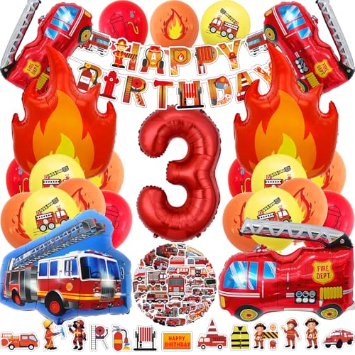 Feuerwehr Deko Kindergeburtstag 3 Jahre, Tortendeko Banner Luftballons und Aufkleber für Kinder, Feuerwehrmann Deko (Geburtstagsdeko Feuerwehr 3 Jahre) von HapplioPlay