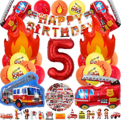 Feuerwehr Deko Kindergeburtstag 5 Jahre, Deko 5. Geburtstag Junge Feuerwehrauto Folienballon, Feuerwehrmann Party Flamme Luftballon Tortendeko Banner und Aufkleber (Feuerwehr Geburtstag Deko 5 Jahre) von HapplioPlay