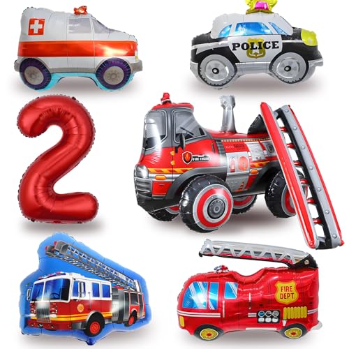 Feuerwehr Luftballons Set Kindergeburtstag 2 Jahre, 4D Feuerwehrballon, 40-Zoll Zahlenballon, XXL Feuerwehr Polizeiwagen Krankenwagen Luftballons, 2. Geburtstag Junge Deko (Feuerwehr Deko 2 Jahre) von HapplioPlay