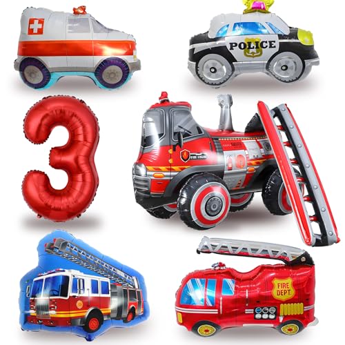 Feuerwehr Luftballons Set Kindergeburtstag 3 Jahre, 4D Feuerwehrballon, 40-Zoll Zahlenballon, XXL Feuerwehr Polizeiwagen Krankenwagen Luftballons, 3. Geburtstag Junge Deko (Feuerwehr Deko 3 Jahre) von HapplioPlay
