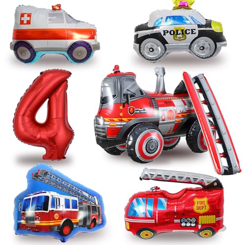 Feuerwehr Luftballons Set Kindergeburtstag 4 Jahre, 4D Feuerwehrballon, 40-Zoll Zahlenballon, XXL Feuerwehr Polizeiwagen Krankenwagen Luftballons, 4. Geburtstag Junge Deko (Feuerwehr Deko 4 Jahre) von HapplioPlay