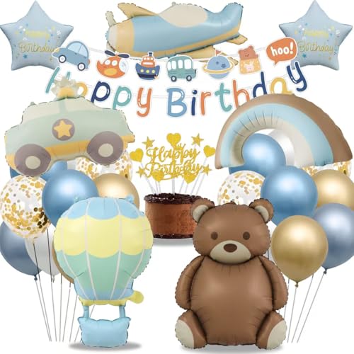 Geburtstag Junge Bär Deko Party, Luftballon Geburtstag Blau Gold, Kindergeburtstag Deko Bär Auto Regenbogen Flugzeug, Happy Birthday Banner und Tortendeko (Geburtstagsdeko Junge Set) von HapplioPlay