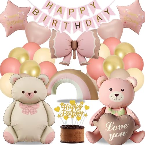 Geburtstag Mädchen Bär Deko Party, Luftballon Geburtstag Rosa Gold, Kindergeburtstag Deko Bär Liebe Regenbogen Bogen, Happy Birthday Banner und Tortendeko (Geburtstagsdeko Mädchen Set) von HapplioPlay