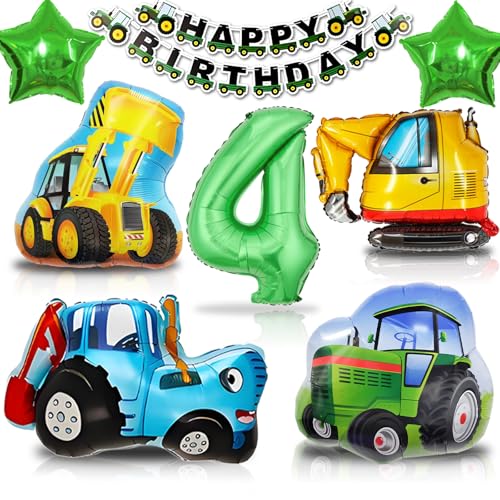 Luftballons 4. Geburtstag Traktor, 4. Geburtstag Junge Bagger Bulldozer XXL Folienballon, Bauernhof Kindergeburtstag Deko 4 Jahre, Farm Banner und Ballon Thema Party Dekoration (Traktor Deko 4 Jahre) von HapplioPlay
