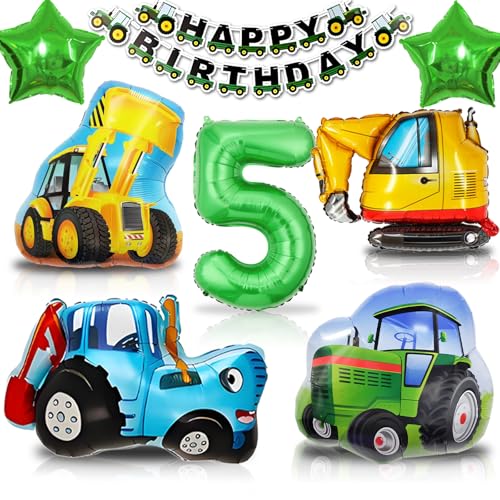 Luftballons 5. Geburtstag Traktor, 5. Geburtstag Junge Bagger Bulldozer XXL Folienballon, Bauernhof Kindergeburtstag Deko 5 Jahre, Farm Banner und Ballon Thema Party Dekoration (Traktor Deko 5 Jahre) von HapplioPlay