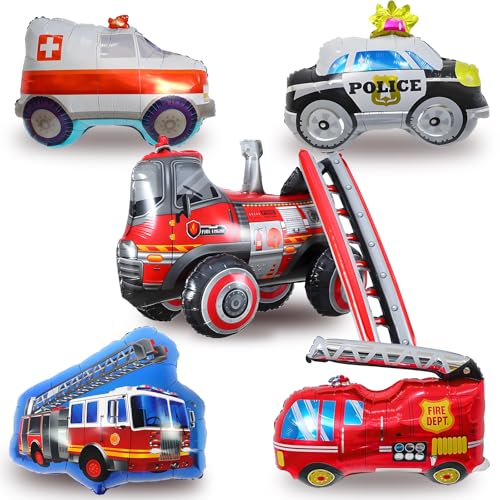 Luftballons Geburtstag Feuerwehr Deko, 4D Feuerwehrmann Luftballons und 4 XXL Polizeiwagen/Krankenwagen/Feuerwehrauto Folienballon, Junge Thema Party Dekoration (Feuerwehr Deko Kindergeburtstag) von HapplioPlay