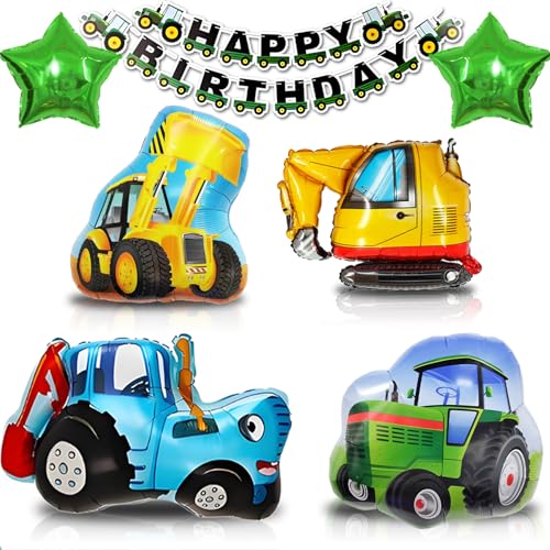 Luftballons Geburtstag Traktor, Geburtstag Junge Bagger Bulldozer XXL Folienballon, Bauernhof Kindergeburtstag Deko, Happy Birthday Banner und Ballon Farm Thema Party Dekoration (Traktor Ballon Deko) von HapplioPlay