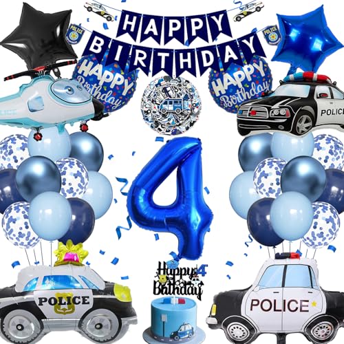 Polizei Geburtstag Deko 4 Jahre Junge, New Polizeiauto Polizeihubschrauber Luftballon, Set Police Geburtstagsdeko Ballons Banner Tortendeko Sticker, Geschenke Party Deko (Polizei Geburtstag 4 Jahre) von HapplioPlay
