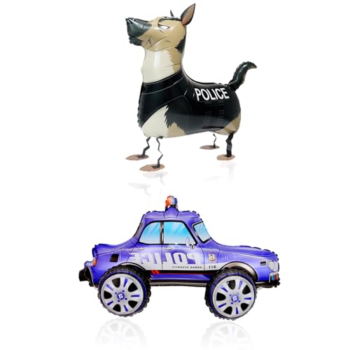 Polizei Geburtstag Deko Folienballon Polizeihund Walking Luftballons und 4D Polizeiwagen Ballons, Helium Ballons Walker für Kinder Geburtstag Party Deko Geschenk Mitgebsel (Polizeiwagen Blau) von HapplioPlay