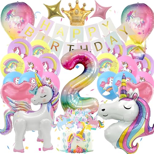 Einhor Deko Kindergeburtstag 2, Einhor Party Deko 4D Luftballons, Set Einhor Geburtstagsdeko 2 Jahre Mädchen, Bunt Banner und Tortendeko, Einhor Geschenke für Mädchen (Einhor Geburtstag 2 Jahre) von HapplioPlay